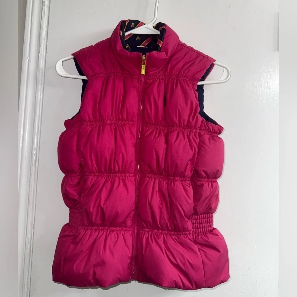 Ralph Lauren Girls Reversible Full Zip Down Puffer Vest Size 8-10 Pink/navy blue